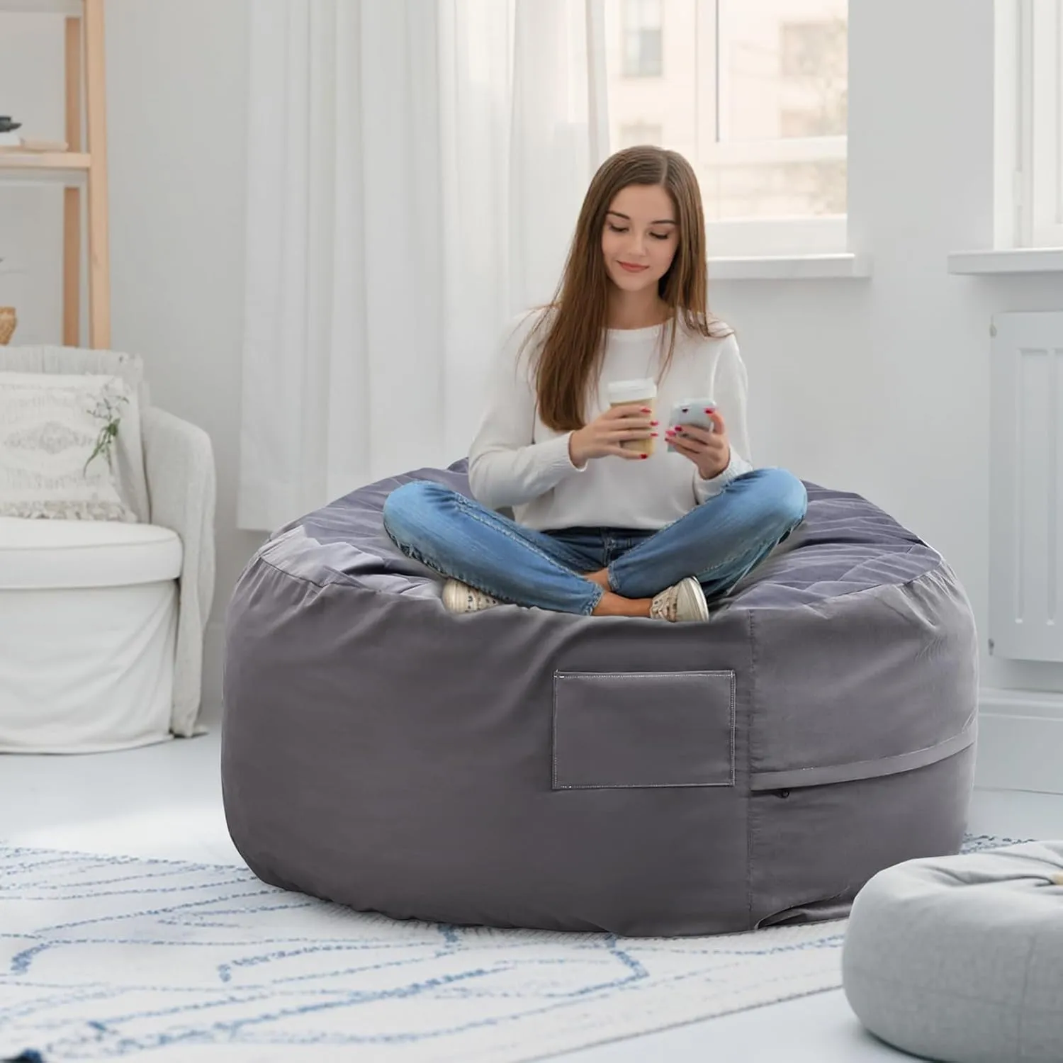 Oversized Bean Bag Chair for Family Comfort, Removable Cover for Easy Cleaning, for Living Room, Bedroom & Playroom, Dark Grey