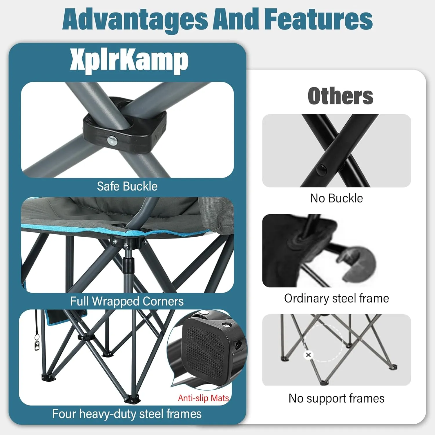 Oversized High-Back Camping Chairs with Pillow, Dual Cup Holders & Cooler Bag - Heavy Duty Foldable Outdoor Chair for Adults, Picnic, Fishing, Backyard, Sports（Bluegrey）