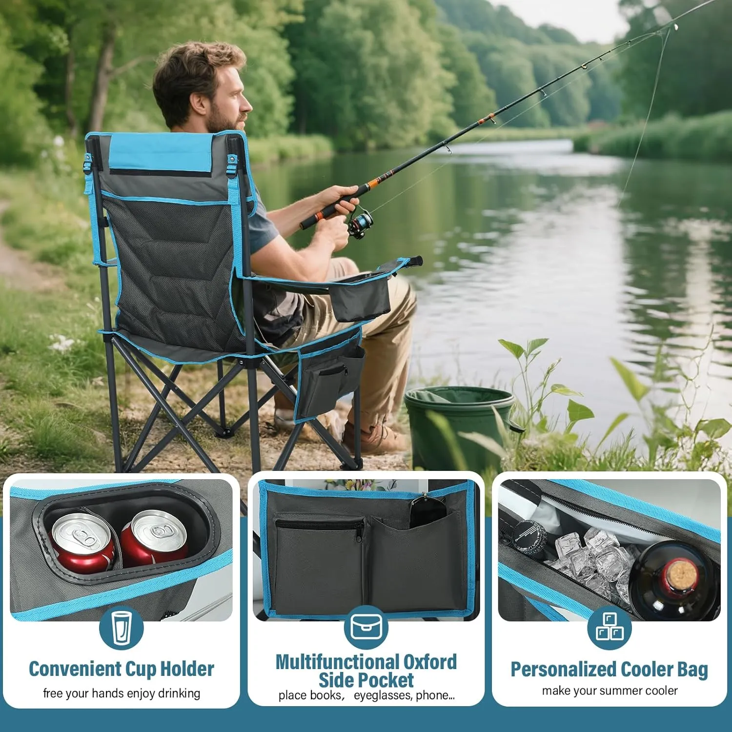 Oversized High-Back Camping Chairs with Pillow, Dual Cup Holders & Cooler Bag - Heavy Duty Foldable Outdoor Chair for Adults, Picnic, Fishing, Backyard, Sports（Bluegrey）