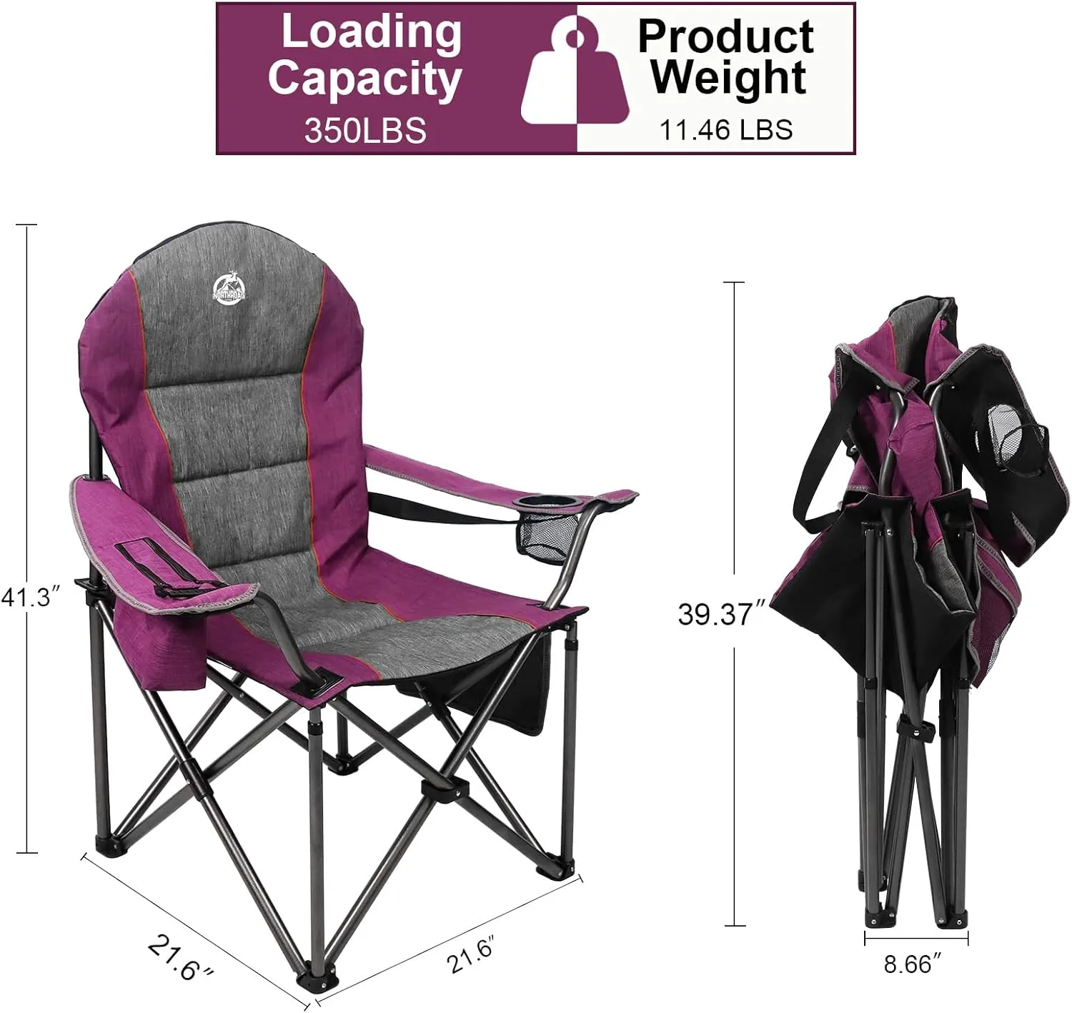 Oversized Portable Camping Chair, Full Padded Outdoor Folding Chair Support 350 LBS, Heavy Duty Lawn Chair with Cup Holder, Cooler Bag, Lumbar Support, Head Pocket for Adult (Purple)