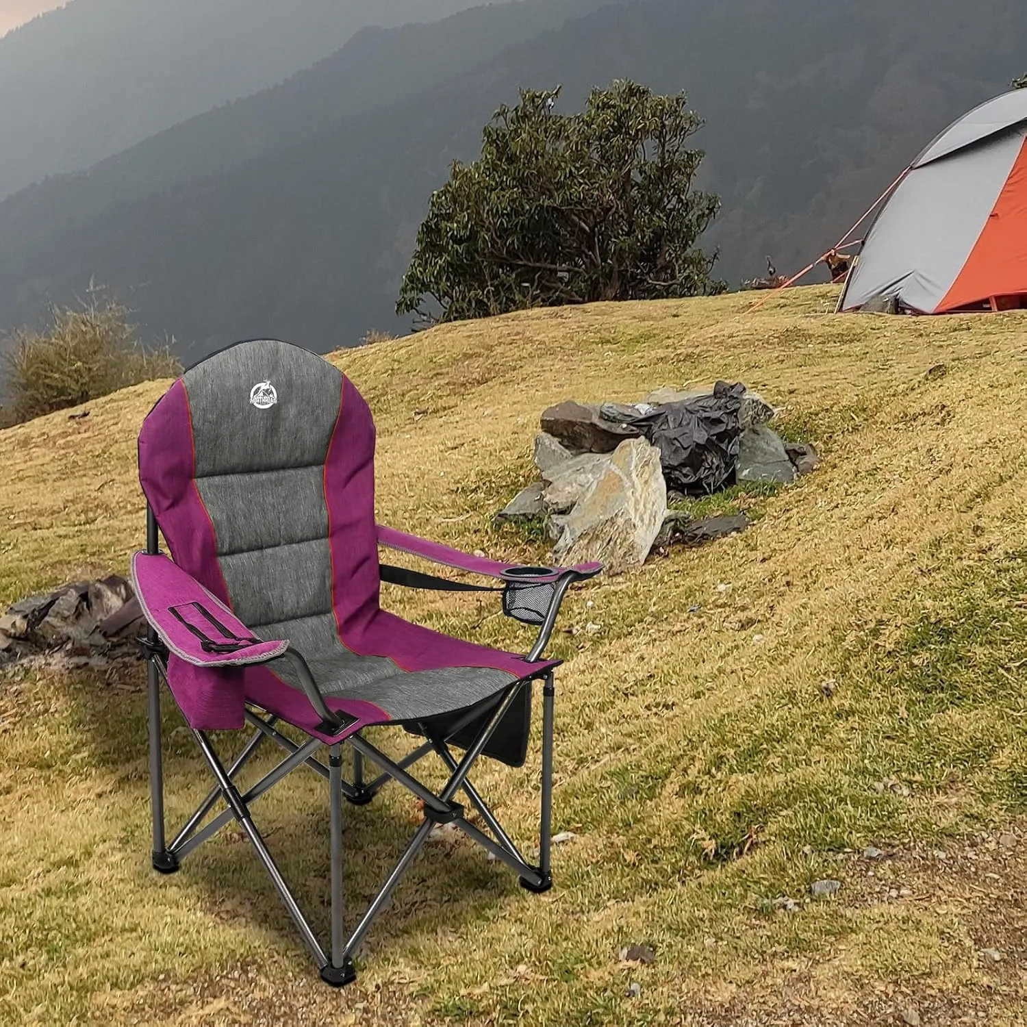 Oversized Portable Camping Chair, Full Padded Outdoor Folding Chair Support 350 LBS, Heavy Duty Lawn Chair with Cup Holder, Cooler Bag, Lumbar Support, Head Pocket for Adult (Purple)