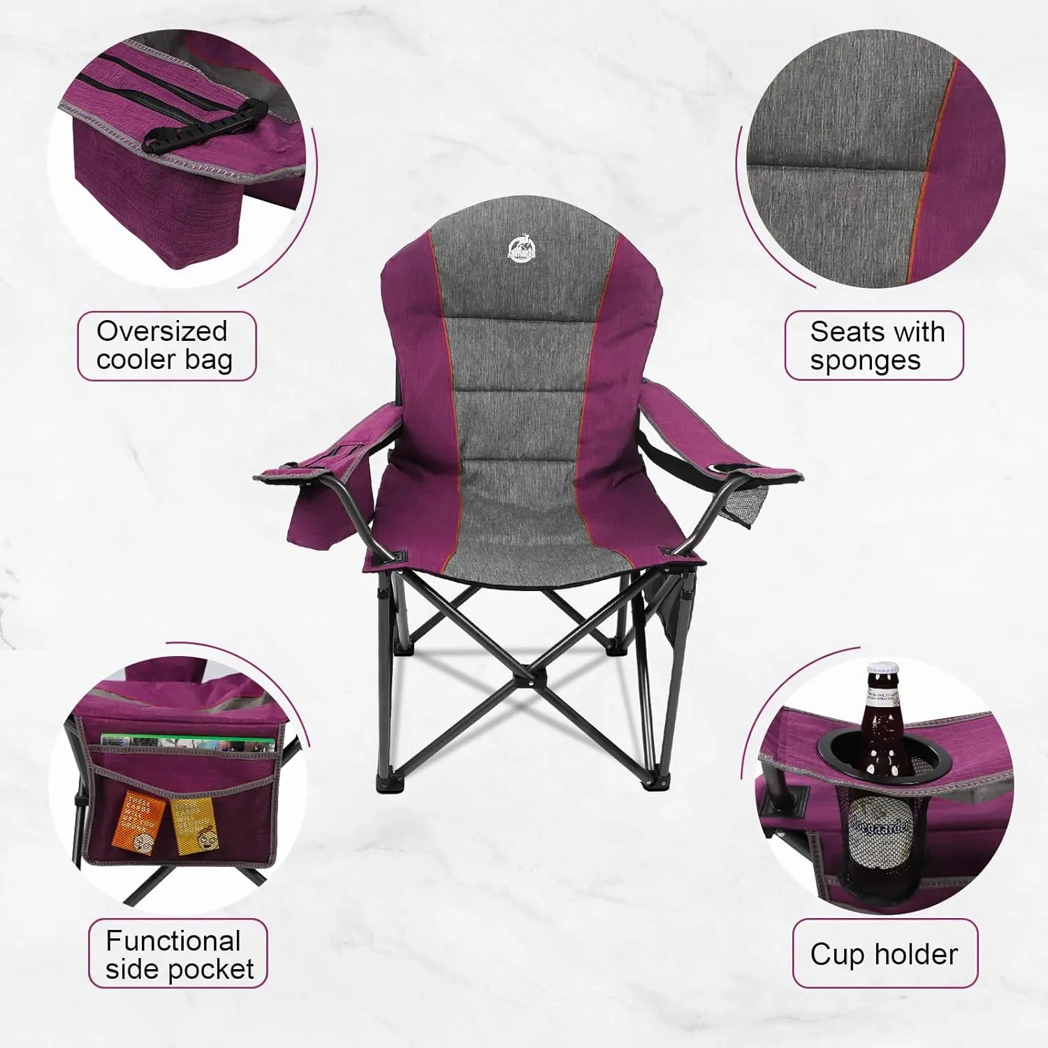 Oversized Portable Camping Chair, Full Padded Outdoor Folding Chair Support 350 LBS, Heavy Duty Lawn Chair with Cup Holder, Cooler Bag, Lumbar Support, Head Pocket for Adult (Purple)