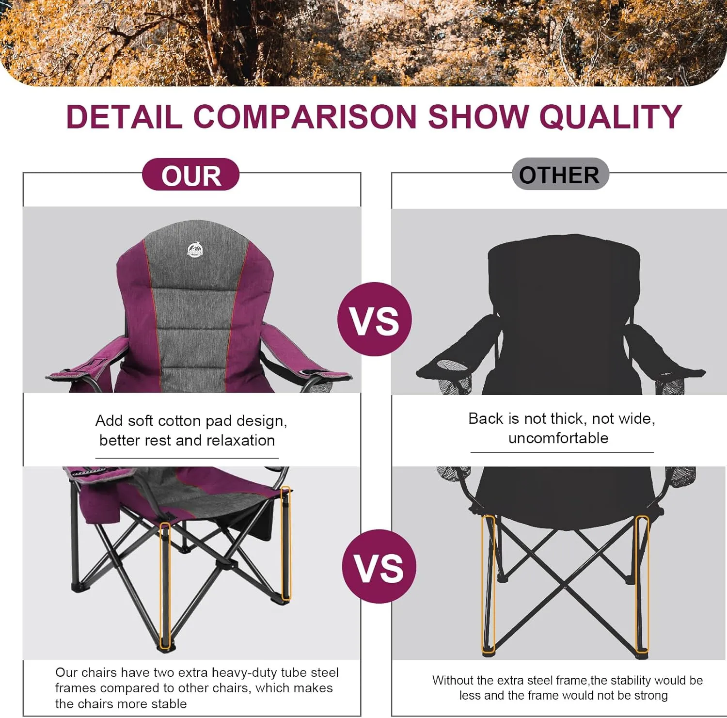 Oversized Portable Camping Chair, Full Padded Outdoor Folding Chair Support 350 LBS, Heavy Duty Lawn Chair with Cup Holder, Cooler Bag, Lumbar Support, Head Pocket for Adult (Purple)