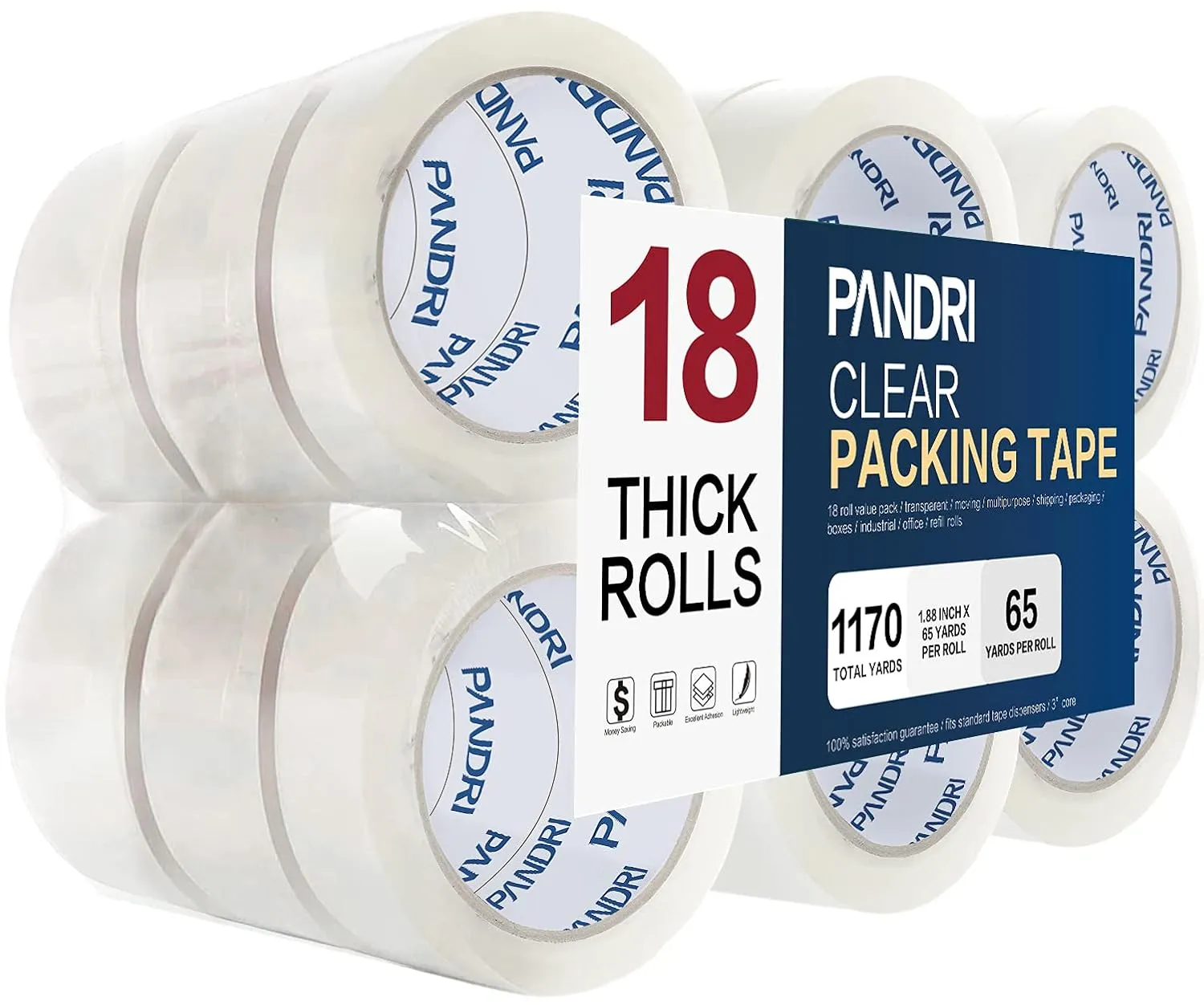 PANDRI Packing Tape, 18 Rolls Heavy Duty Clear Packaging Tape for Shipping Packaging Moving Sealing, 1.88 inches Wide, 65 Yards Per Roll, Total 1170 Yards