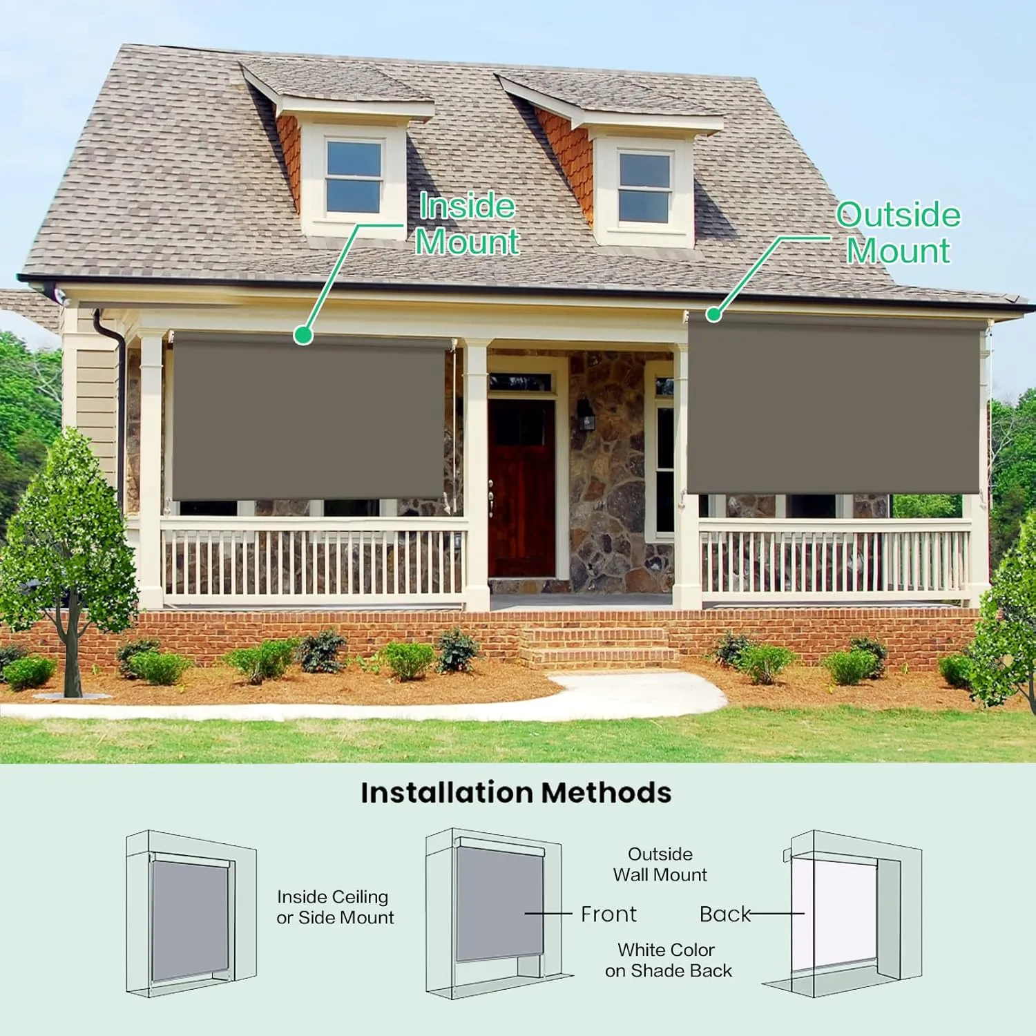 PASSENGER PIGEON Outdoor Blackout Cordless Roller Shades, Waterproof Window Shades, Custom UV Cut Fabric Roller Blinds, Privacy Screen Roll Up Sun Shades for Porch, Gazebo, Balcony, Deck, Charcoal