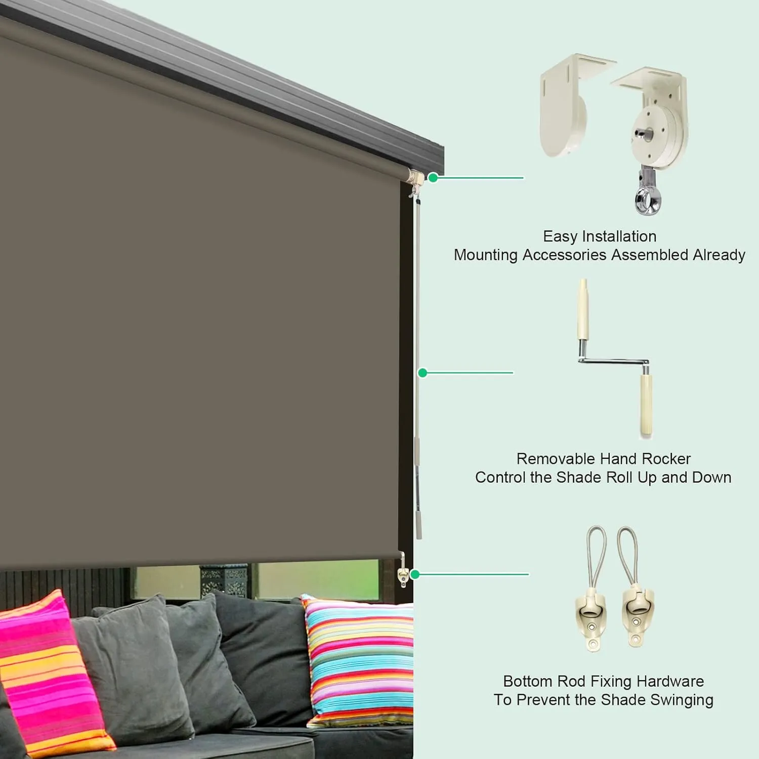 PASSENGER PIGEON Outdoor Blackout Cordless Roller Shades, Waterproof Window Shades, Custom UV Cut Fabric Roller Blinds, Privacy Screen Roll Up Sun Shades for Porch, Gazebo, Balcony, Deck, Charcoal
