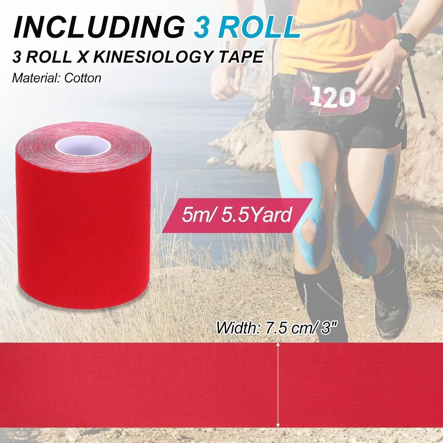 PATIKIL 5.5 Yard x 3 Inch Kinesiology Tape, 3 Roll Adhesive Cotton Sports Muscle Support Tapes Waterproof Elastic Tape for Knee Ankle Wrist Shoulder, Red