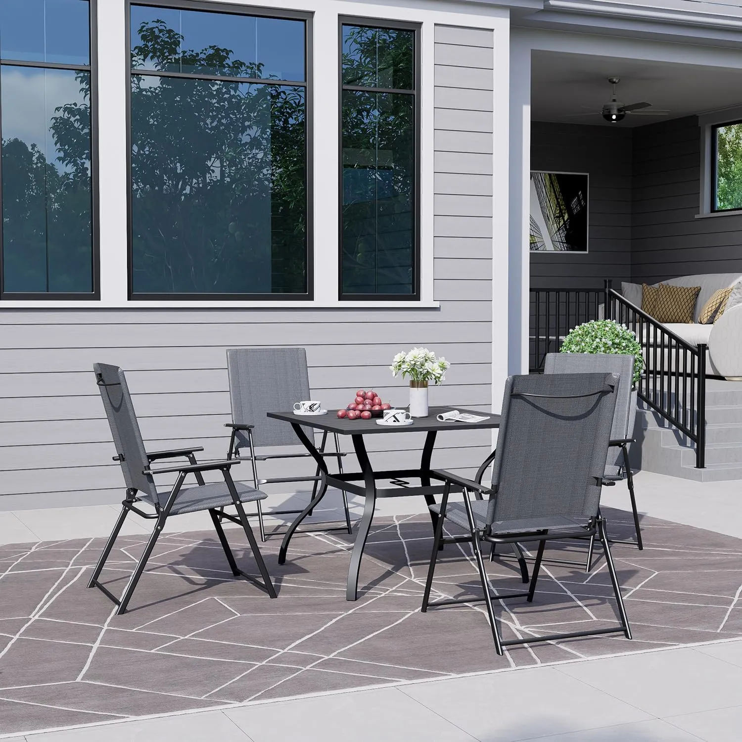 Patio Folding Chairs Set of 2, Outdoor Portable Dining Chair with Sling Back and Armrests for Lawn Camping Courtyard Balcony Garden Grey