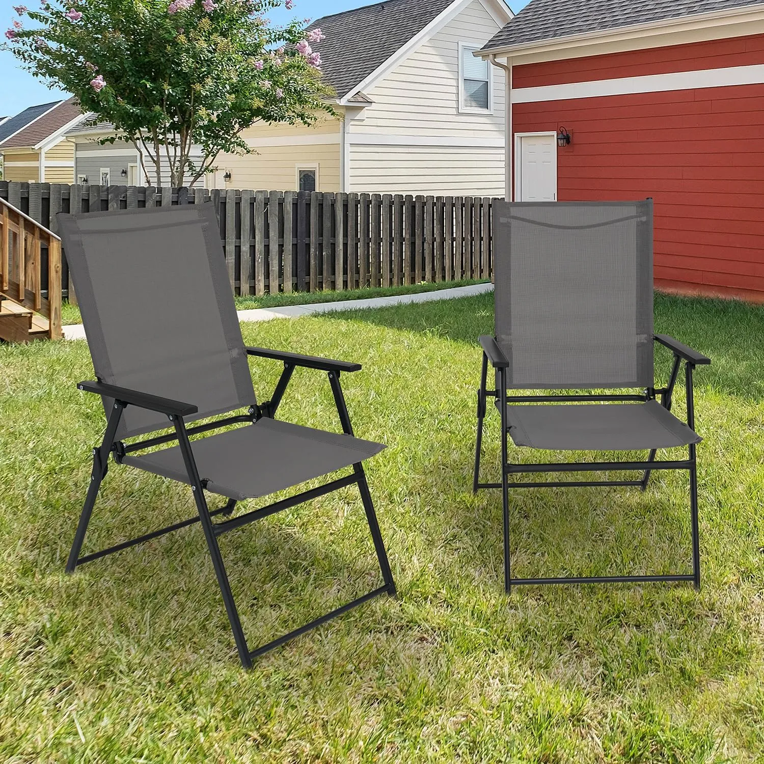 Patio Folding Chairs Set of 2, Outdoor Portable Dining Chair with Sling Back and Armrests for Lawn Camping Courtyard Balcony Garden Grey