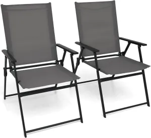 Patio Folding Chairs Set of 2, Outdoor Portable Dining Chair with Sling Back and Armrests for Lawn Camping Courtyard Balcony Garden Grey