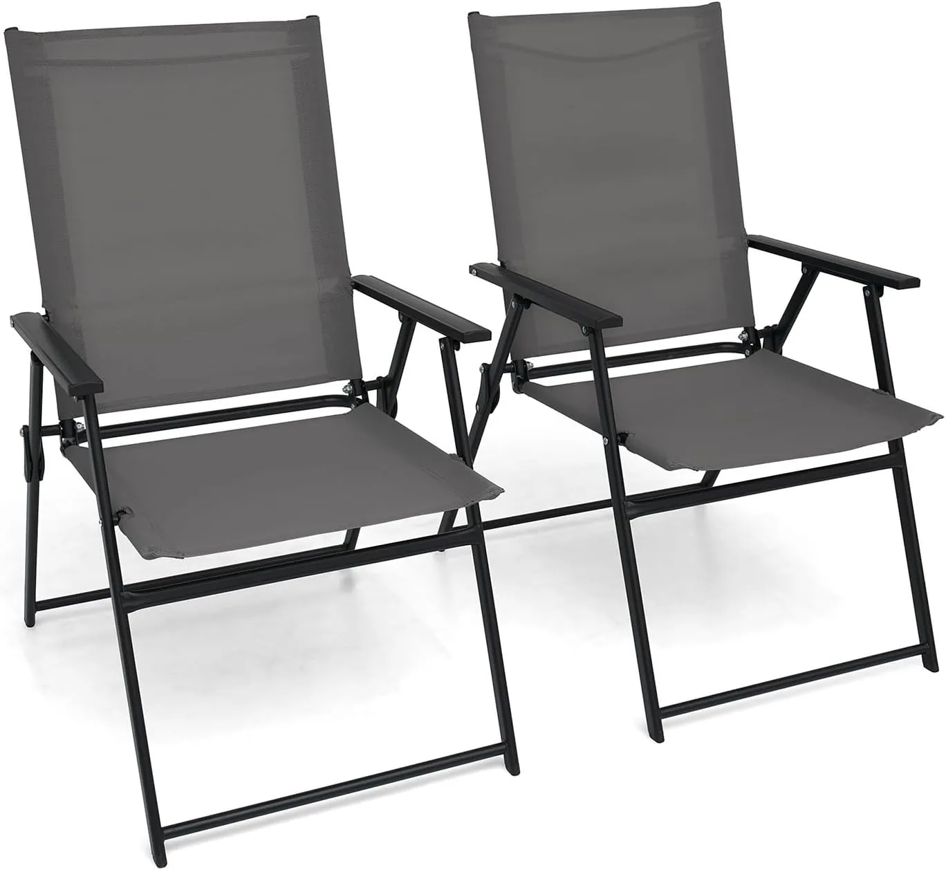 Patio Folding Chairs Set of 2, Outdoor Portable Dining Chair with Sling Back and Armrests for Lawn Camping Courtyard Balcony Garden Grey
