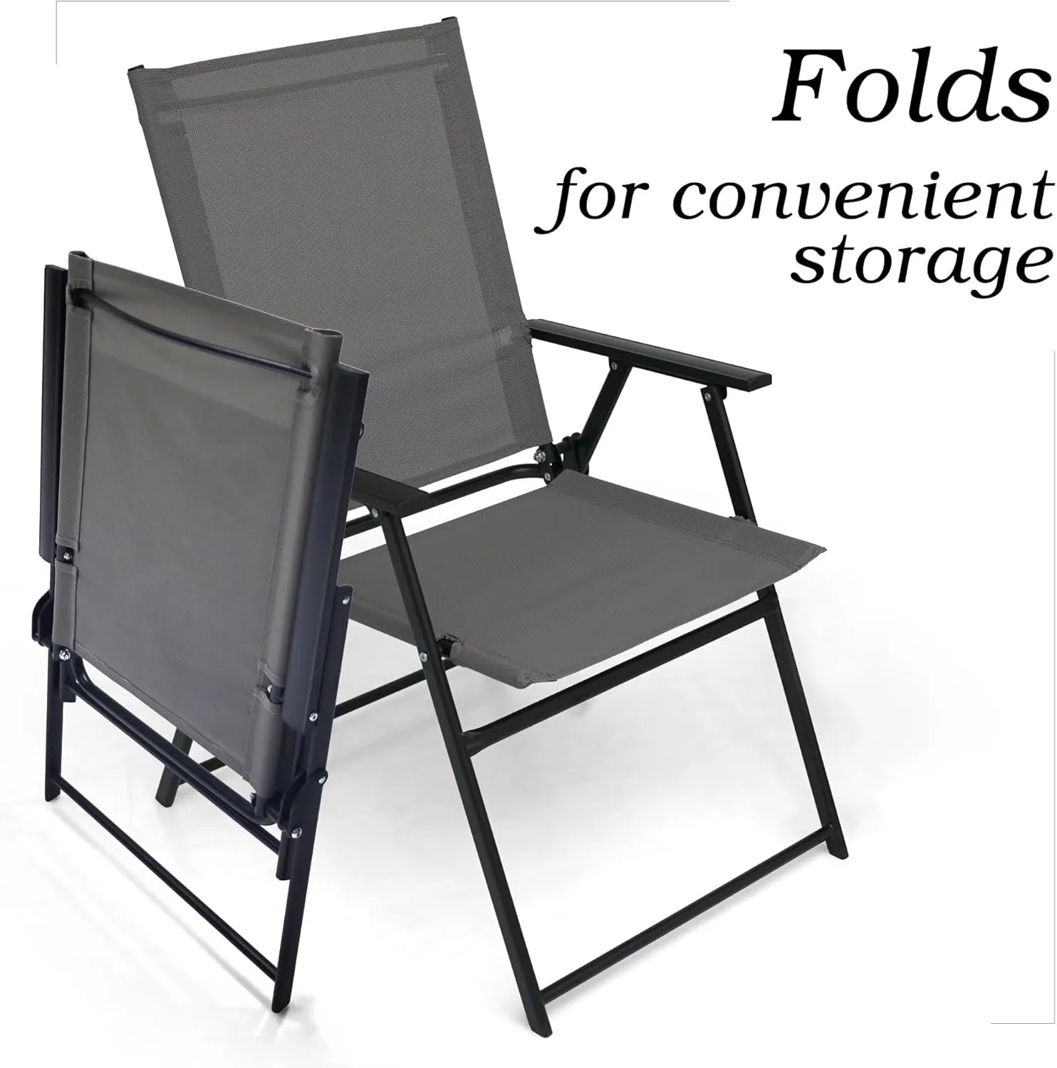 Patio Folding Chairs Set of 2, Outdoor Portable Dining Chair with Sling Back and Armrests for Lawn Camping Courtyard Balcony Garden Grey