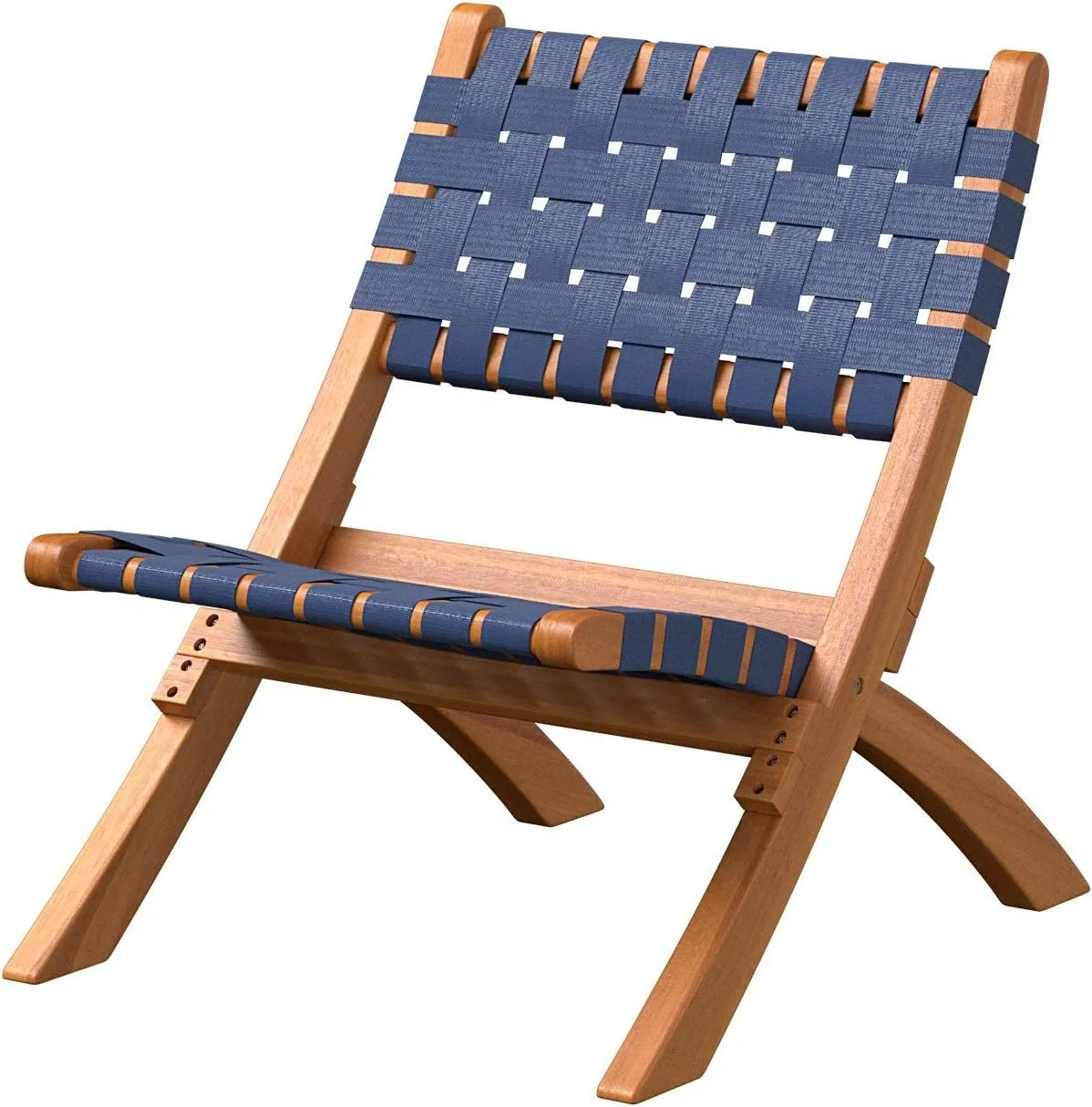 Patio Sense 63636 Sava Indoor Outdoor Folding Chair Low Slung Portable Seating Solid Acacia Wood Woven Seat Back Seat Indoors Porch Lawn Garden Fishing Sporting - Navy Blue Webbing