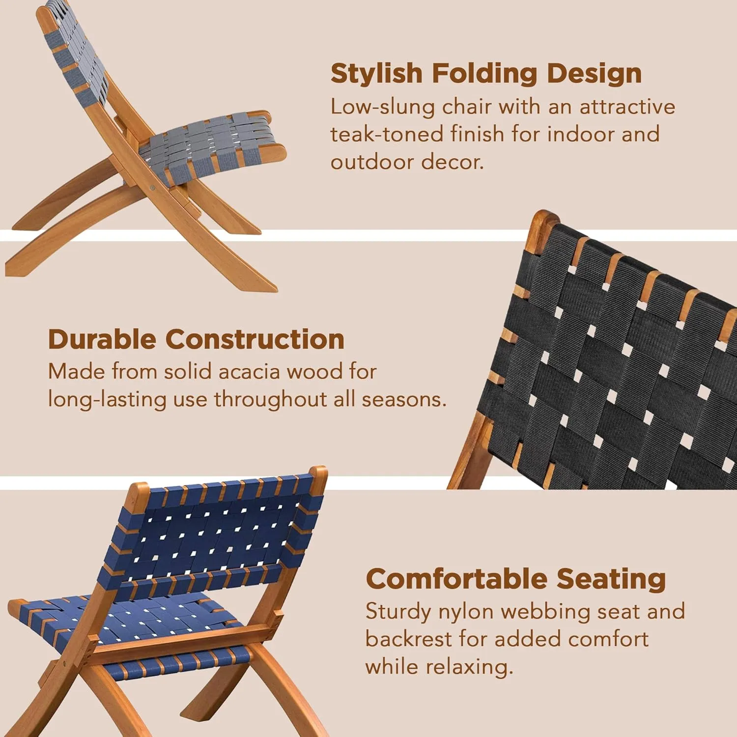 Patio Sense 63636 Sava Indoor Outdoor Folding Chair Low Slung Portable Seating Solid Acacia Wood Woven Seat Back Seat Indoors Porch Lawn Garden Fishing Sporting - Navy Blue Webbing