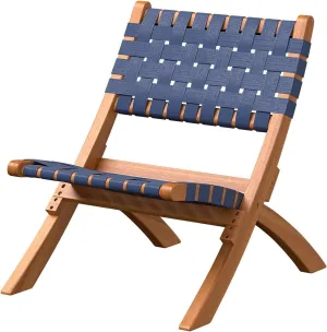 Patio Sense 63636 Sava Indoor Outdoor Folding Chair Low Slung Portable Seating Solid Acacia Wood Woven Seat Back Seat Indoors Porch Lawn Garden Fishing Sporting - Navy Blue Webbing