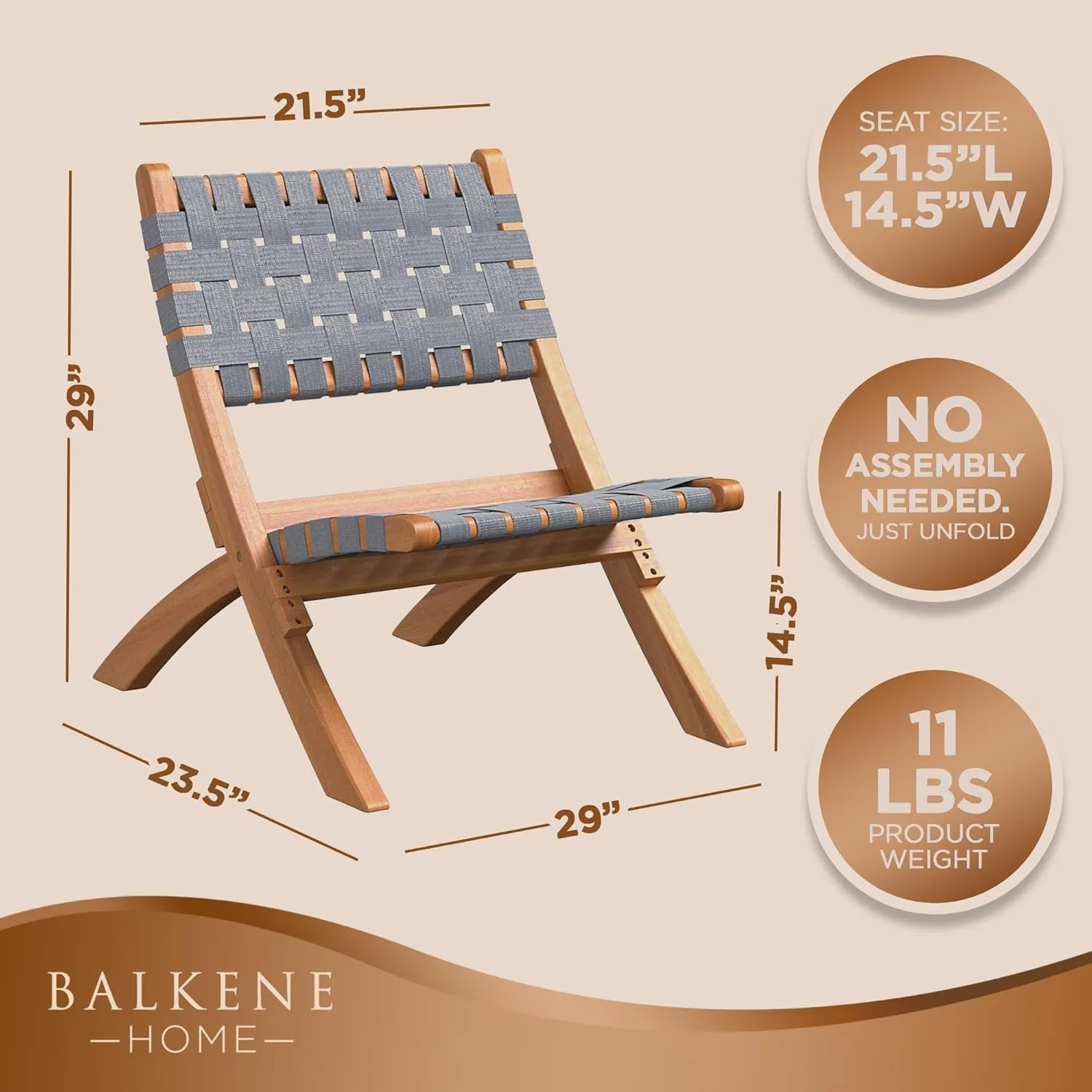 Patio Sense 63636 Sava Indoor Outdoor Folding Chair Low Slung Portable Seating Solid Acacia Wood Woven Seat Back Seat Indoors Porch Lawn Garden Fishing Sporting - Navy Blue Webbing