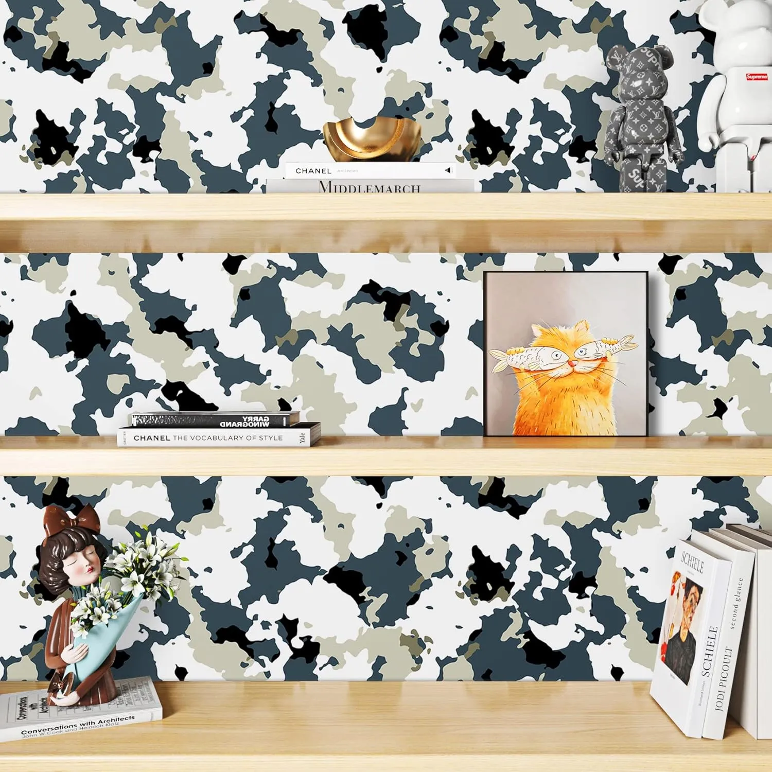 Peel and Stick Wallpaper Bape Camo Wall Mural Navy/Green/White Removable Contact Paper 17.5in x 10ft Cool Army Camouflage Wallpaper Dorm Room Locker Kids Boys Girls Desk Cabinet Liner