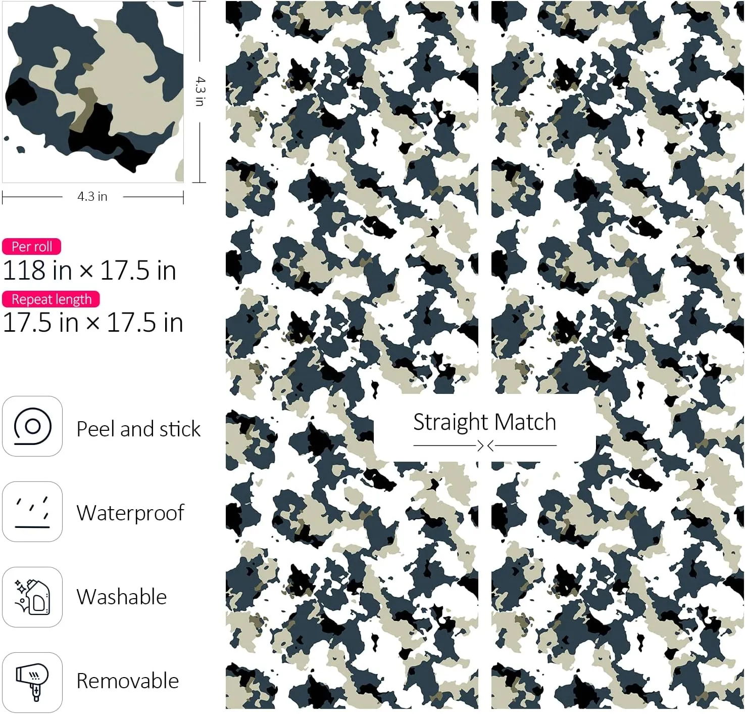 Peel and Stick Wallpaper Bape Camo Wall Mural Navy/Green/White Removable Contact Paper 17.5in x 10ft Cool Army Camouflage Wallpaper Dorm Room Locker Kids Boys Girls Desk Cabinet Liner