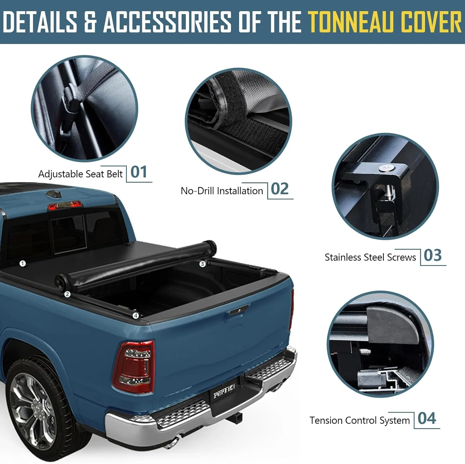 Perfit Liner Soft Roll Up Truck Bed Tonneau Cover for 2019-2024 Dodge Ram 1500 New Body (NOT for Classic) 6.4 FT (76") Bed, Without Rambox