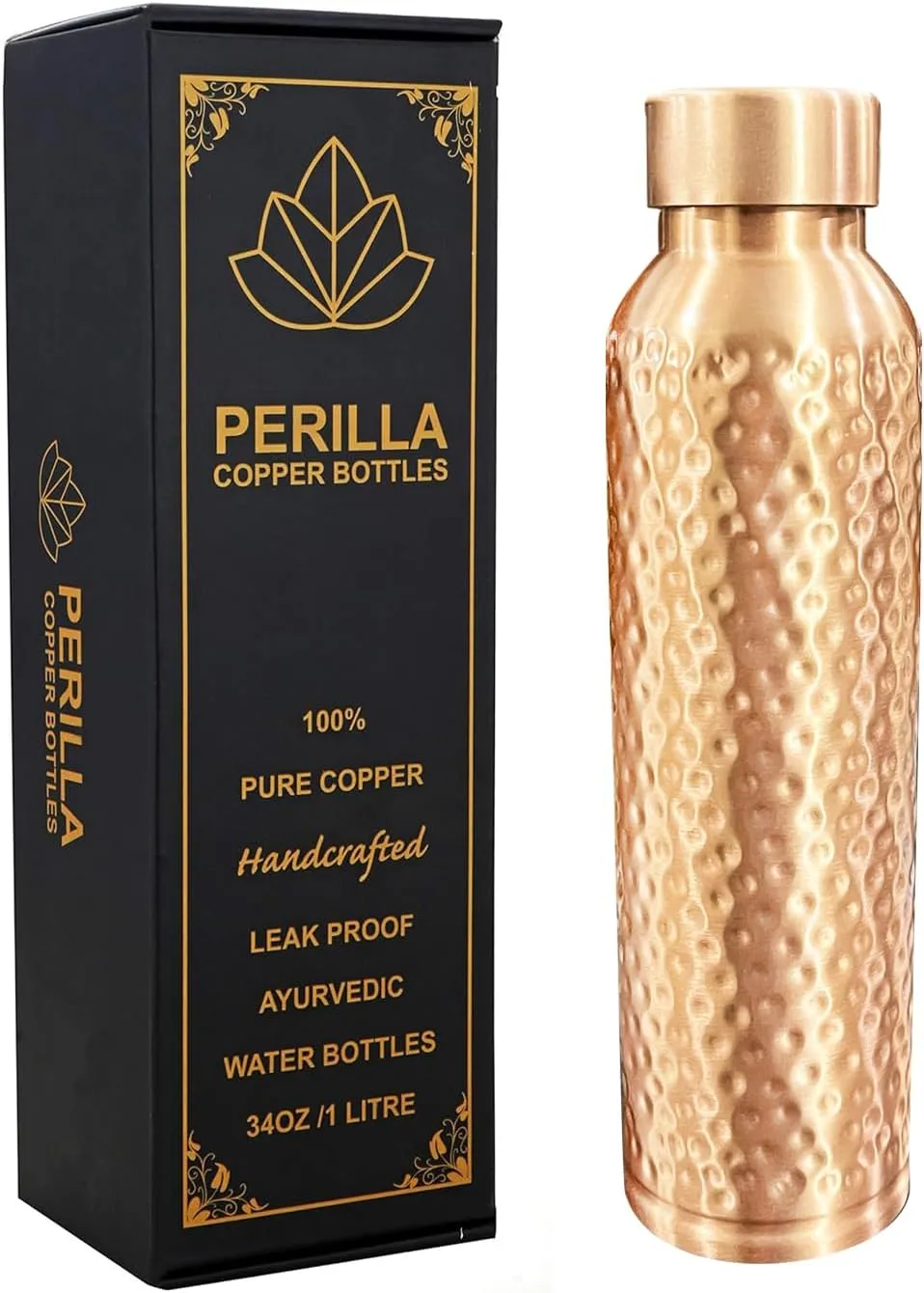 Perilla Home Hammered Copper Water Bottle - 34 Oz Leak Proof 100% Pure Ayurvedic Copper Vessel - Drink More Water And Enjoy The Health Benefits Immediately - For Gym, Yoga Bottle (BMC Hammered)