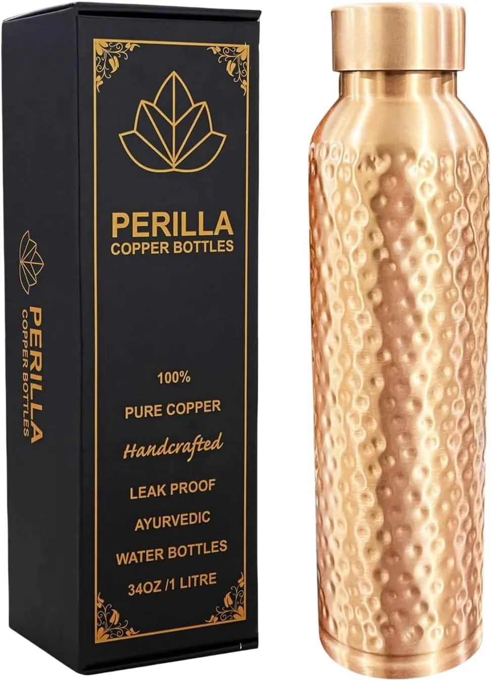 Perilla Home Hammered Copper Water Bottle - 34 Oz Leak Proof 100% Pure Ayurvedic Copper Vessel - Drink More Water And Enjoy The Health Benefits Immediately - For Gym, Yoga Bottle (BMC Hammered)