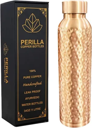 Perilla Home Hammered Copper Water Bottle - 34 Oz Leak Proof 100% Pure Ayurvedic Copper Vessel - Drink More Water And Enjoy The Health Benefits Immediately - For Gym, Yoga Bottle (BMC Hammered)