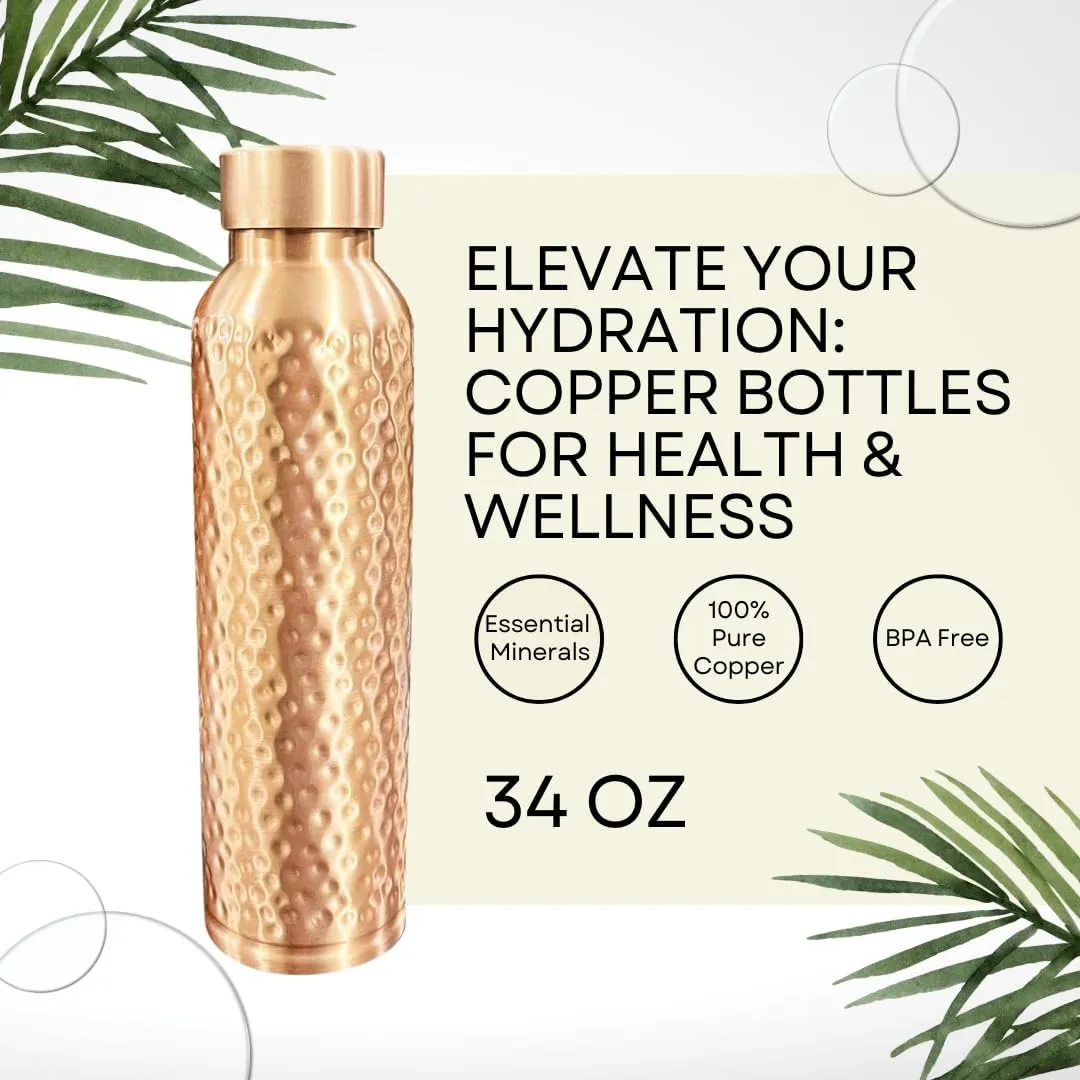 Perilla Home Hammered Copper Water Bottle - 34 Oz Leak Proof 100% Pure Ayurvedic Copper Vessel - Drink More Water And Enjoy The Health Benefits Immediately - For Gym, Yoga Bottle (BMC Hammered)