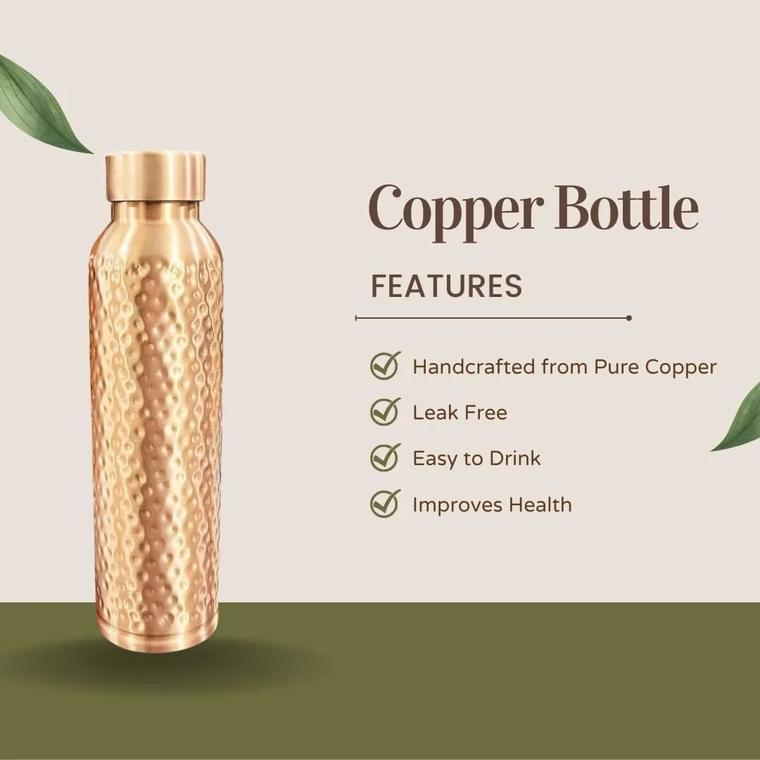 Perilla Home Hammered Copper Water Bottle - 34 Oz Leak Proof 100% Pure Ayurvedic Copper Vessel - Drink More Water And Enjoy The Health Benefits Immediately - For Gym, Yoga Bottle (BMC Hammered)