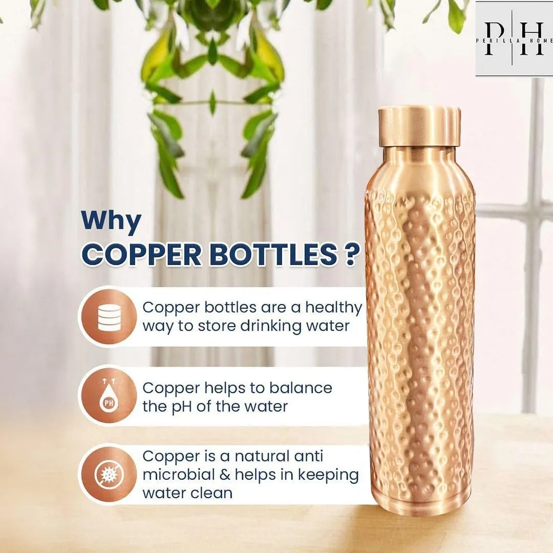 Perilla Home Hammered Copper Water Bottle - 34 Oz Leak Proof 100% Pure Ayurvedic Copper Vessel - Drink More Water And Enjoy The Health Benefits Immediately - For Gym, Yoga Bottle (BMC Hammered)