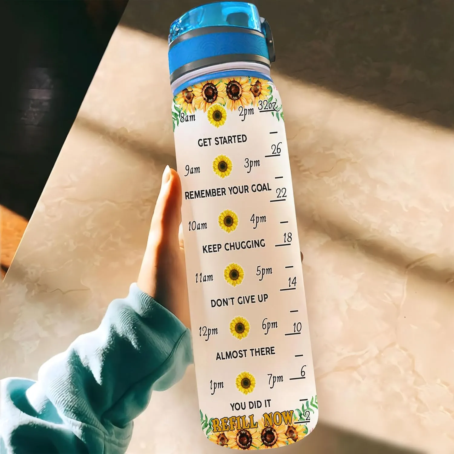 Personalized In A World Full Of Rose Be A Sunflower 32Oz Liter Motivational Water Bottle, African American Black Woman Water Bottle With Time Marker, Gifts For Black Women, Mother's Day