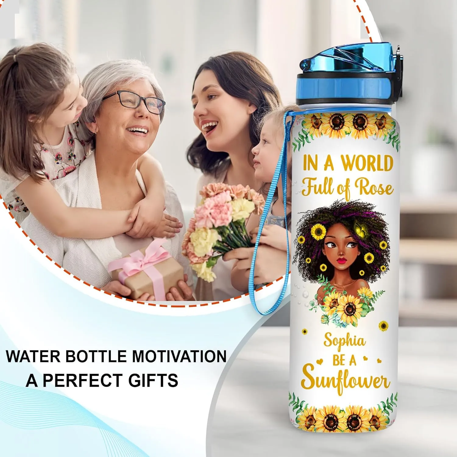 Personalized In A World Full Of Rose Be A Sunflower 32Oz Liter Motivational Water Bottle, African American Black Woman Water Bottle With Time Marker, Gifts For Black Women, Mother's Day