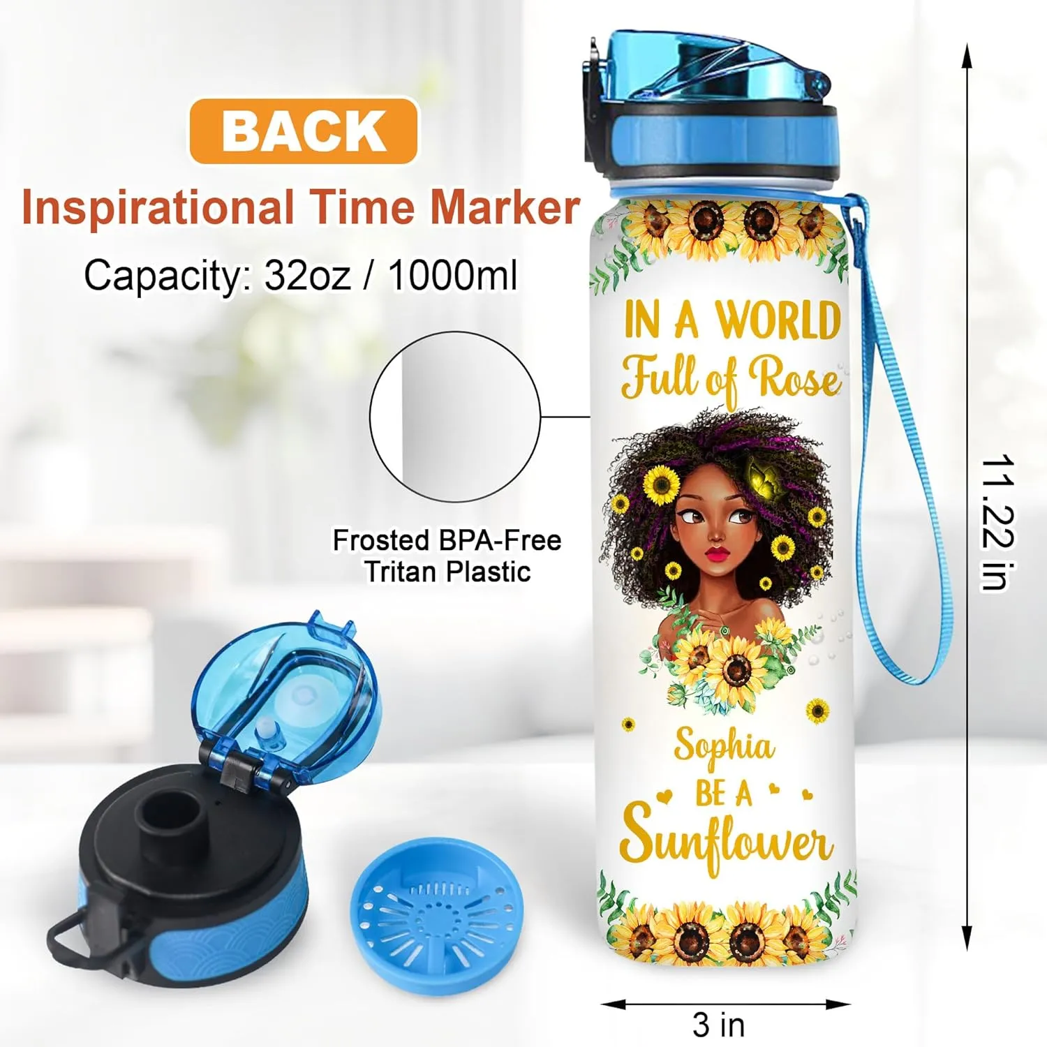 Personalized In A World Full Of Rose Be A Sunflower 32Oz Liter Motivational Water Bottle, African American Black Woman Water Bottle With Time Marker, Gifts For Black Women, Mother's Day