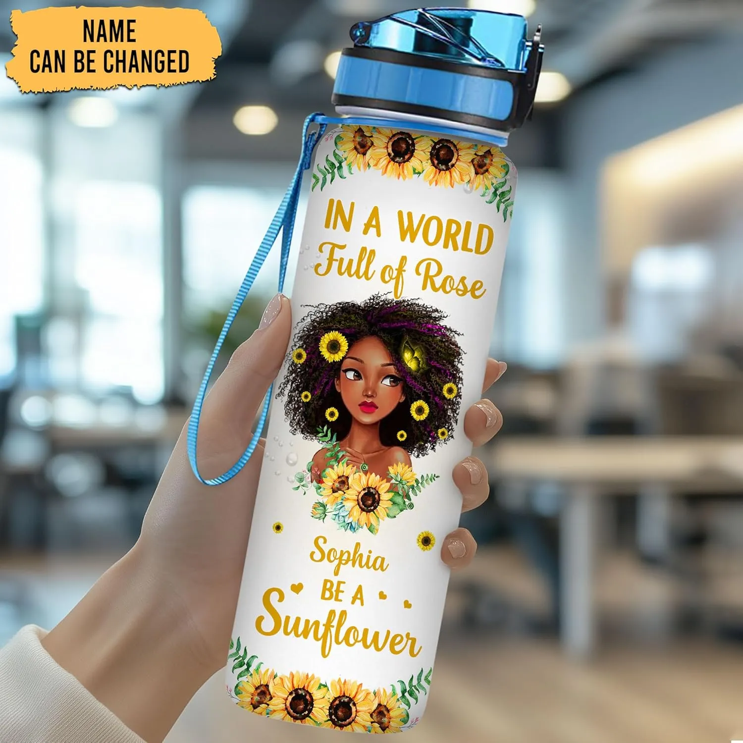 Personalized In A World Full Of Rose Be A Sunflower 32Oz Liter Motivational Water Bottle, African American Black Woman Water Bottle With Time Marker, Gifts For Black Women, Mother's Day