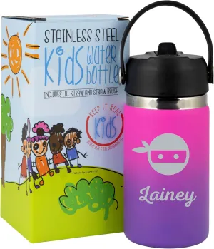 Personalized Water Bottle For Kids - Small 12oz BPA Free Custom Insulated Stainless Steel Bottle for School w/Name for Girl or Boy - w/Reusable Straw (Pink/Purple)