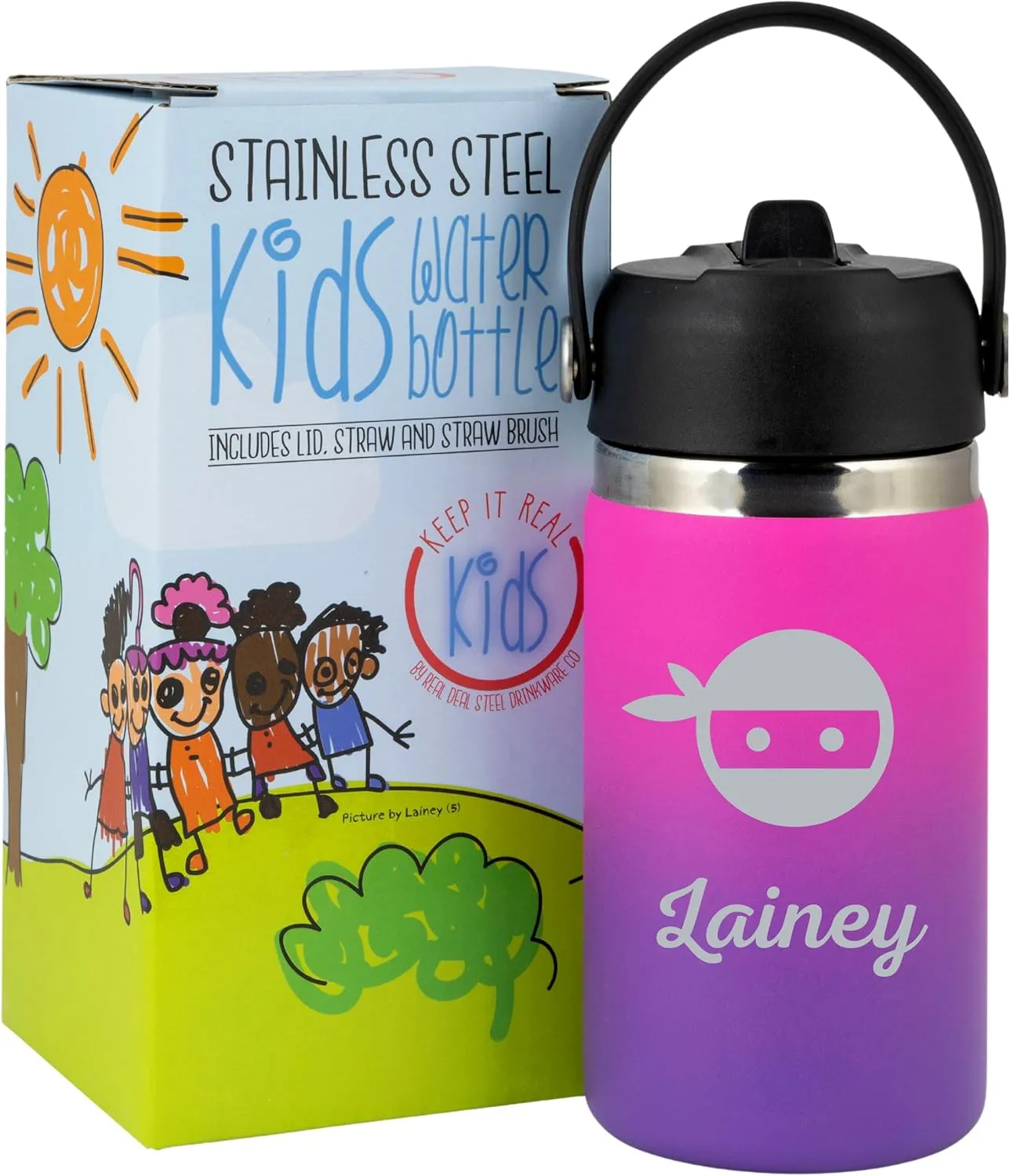 Personalized Water Bottle For Kids - Small 12oz BPA Free Custom Insulated Stainless Steel Bottle for School w/Name for Girl or Boy - w/Reusable Straw (Pink/Purple)