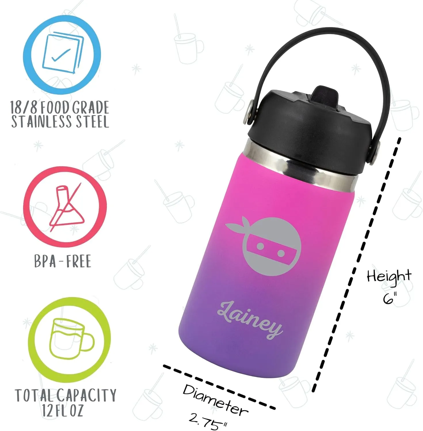 Personalized Water Bottle For Kids - Small 12oz BPA Free Custom Insulated Stainless Steel Bottle for School w/Name for Girl or Boy - w/Reusable Straw (Pink/Purple)