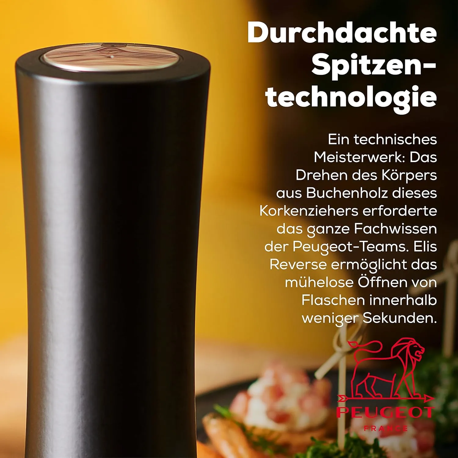 Peugeot - Elis Reverse Electric Corkscrew - Rechargeable Automatic Bottle Opener with Foil Cutter - Wood, Black, 8-inches