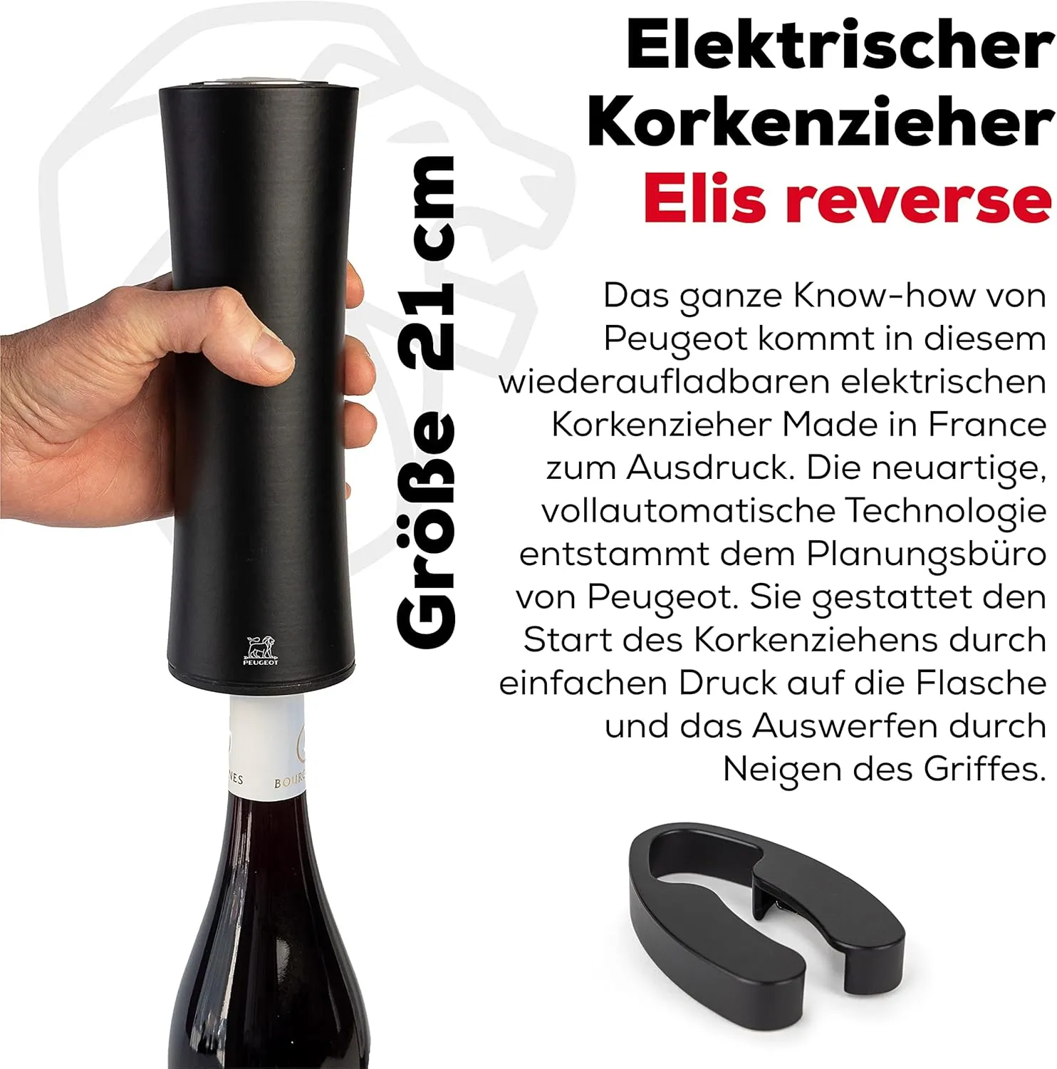 Peugeot - Elis Reverse Electric Corkscrew - Rechargeable Automatic Bottle Opener with Foil Cutter - Wood, Black, 8-inches