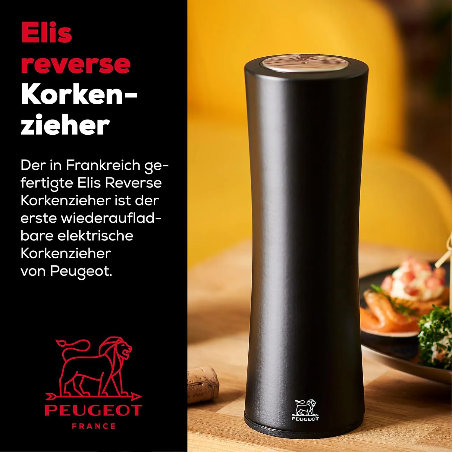 Peugeot - Elis Reverse Electric Corkscrew - Rechargeable Automatic Bottle Opener with Foil Cutter - Wood, Black, 8-inches
