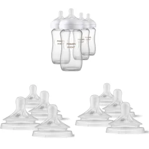Philips AVENT Glass Natural Baby Bottles, Clear, 8oz, 4pk with Natural Response Nipples - Flow 3 (1M ), Flow 4 (3M ), 4pk each