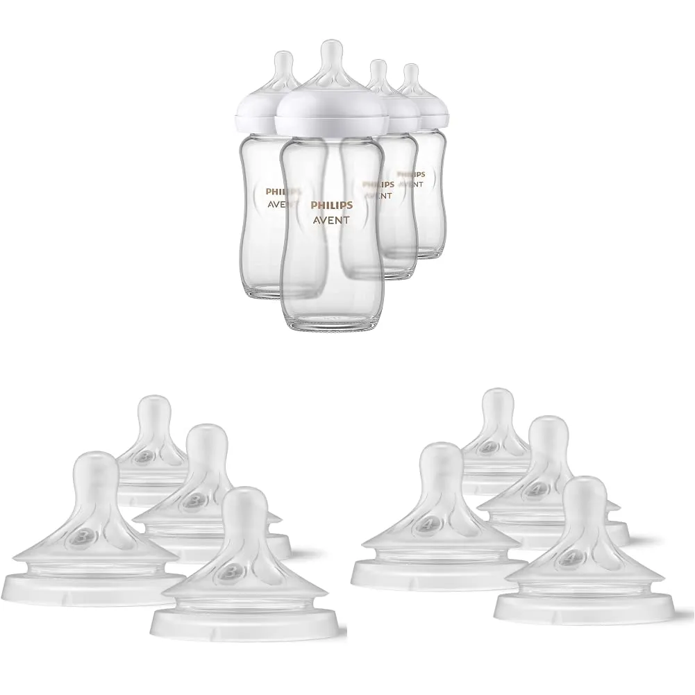 Philips AVENT Glass Natural Baby Bottles, Clear, 8oz, 4pk with Natural Response Nipples - Flow 3 (1M ), Flow 4 (3M ), 4pk each