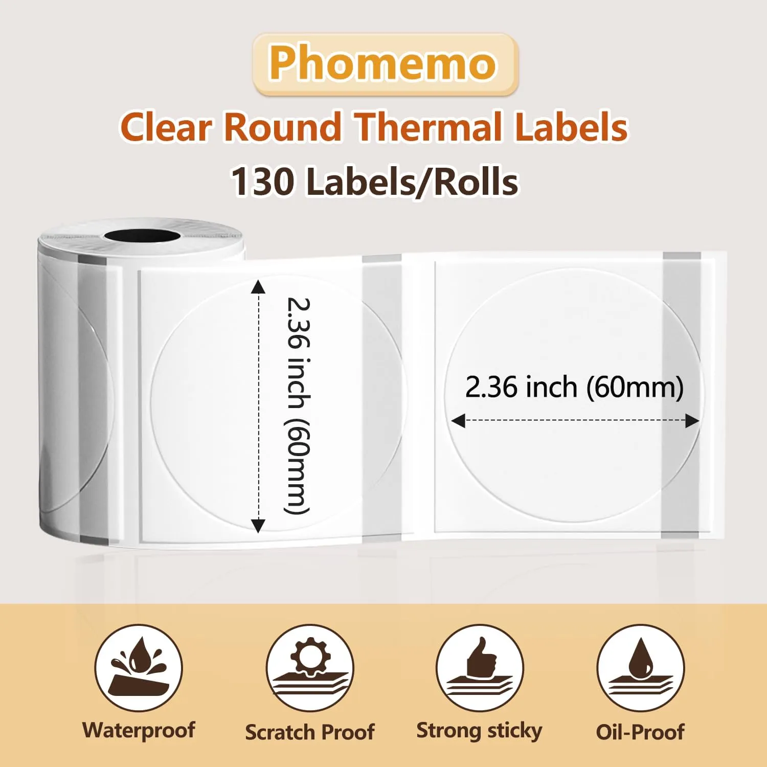Phomemo Thermal Labels- 2.13"x2.13"(60x60mm) Clear Circle M220 Label- M220/M221/M250/M260 Transparent Thermal Paper - Round Sticker Label for Logo/Barcode/Stickers/Address Labels-1 Pack