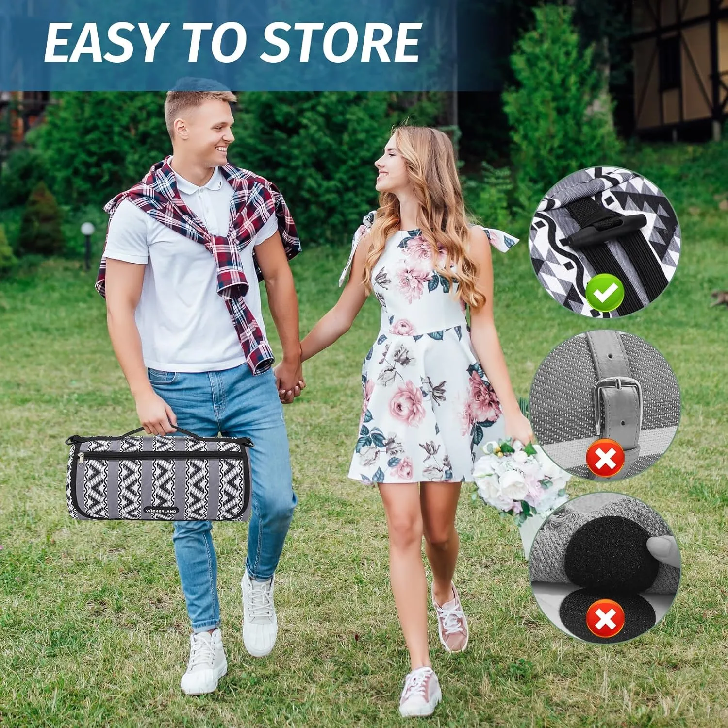 Picnic Blankets Extra Large Outdoor - Beach Blanket Waterproof Sandproof with Shoulder Strap, Machine Washable, Picnic Mat with Stakes for Grass Concert, Park.BohoGrey