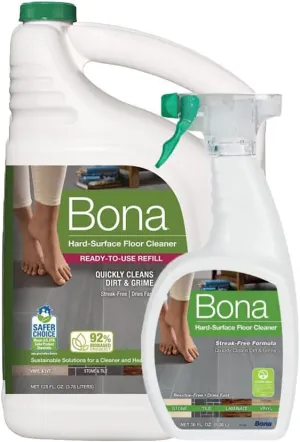Plexon Bona Multi-Surface Floor Spray Cleaner 36 Fl Oz and Bona 128 Fl Oz. Refill - Unscented, Residue-Free Floor Cleaning Solution for Stone, Tile, Laminate and Vinyl Floors