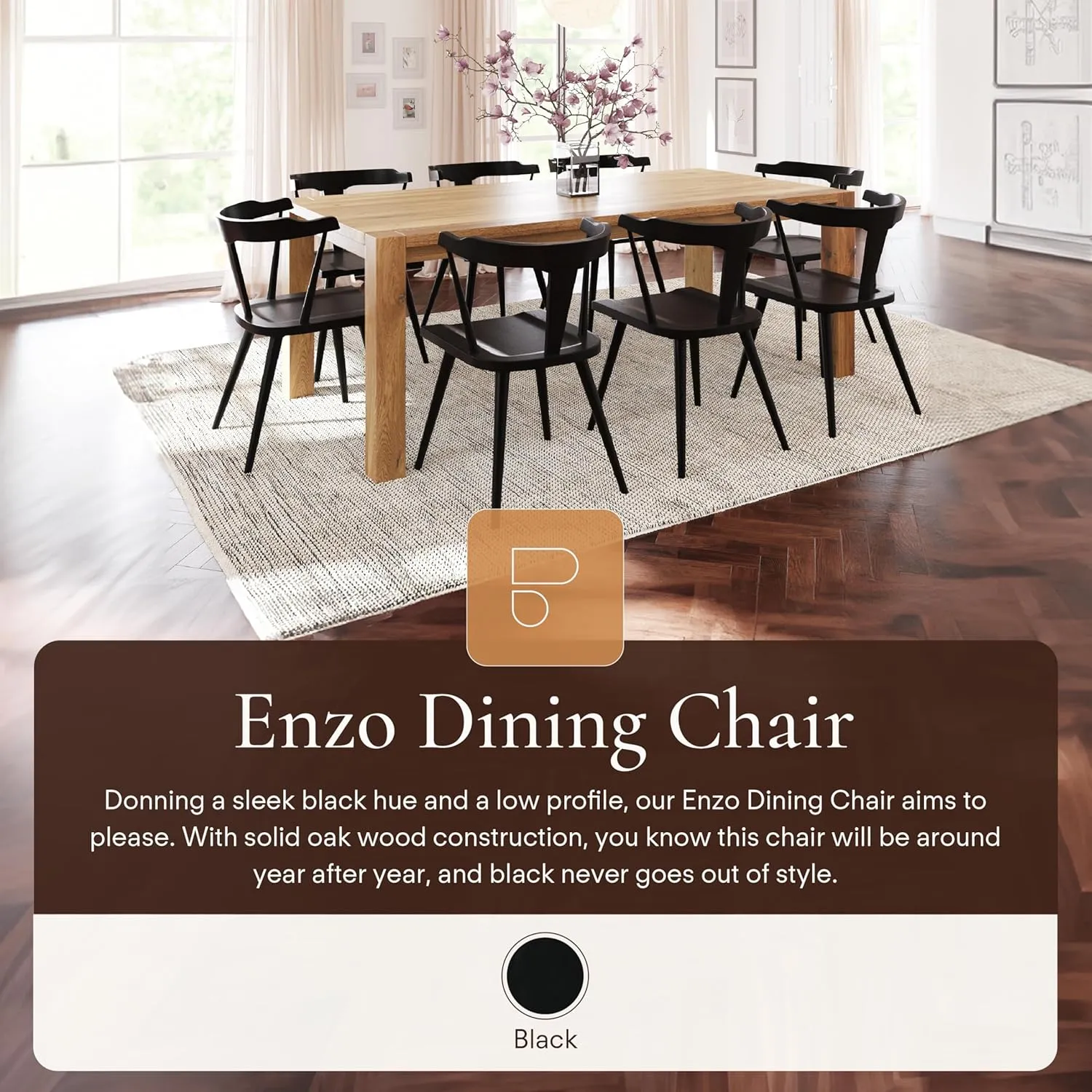 Poly & Bark Enzo Black Dining Chair - Kitchen & Dining Room Chairs - Solid Oak Wood Black Kitchen Chair - Mid Century Modern Dining Chairs with Simple Assembly and Tapered Legs