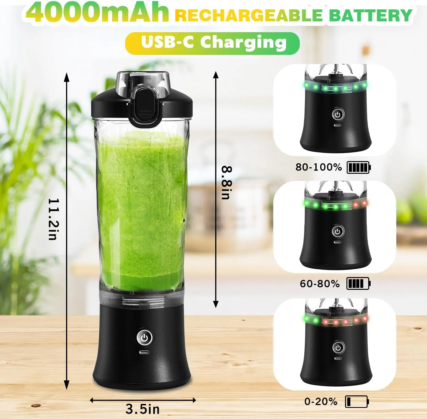 Portable Blender with Insulated Carrying Case & Recipe Book for Shakes and Smoothies, 20 OZ Personal Juicer Electric Protein Shaker Bottle, Mini Small Blender Cup with USB-C Rechargeable, Travel Lid