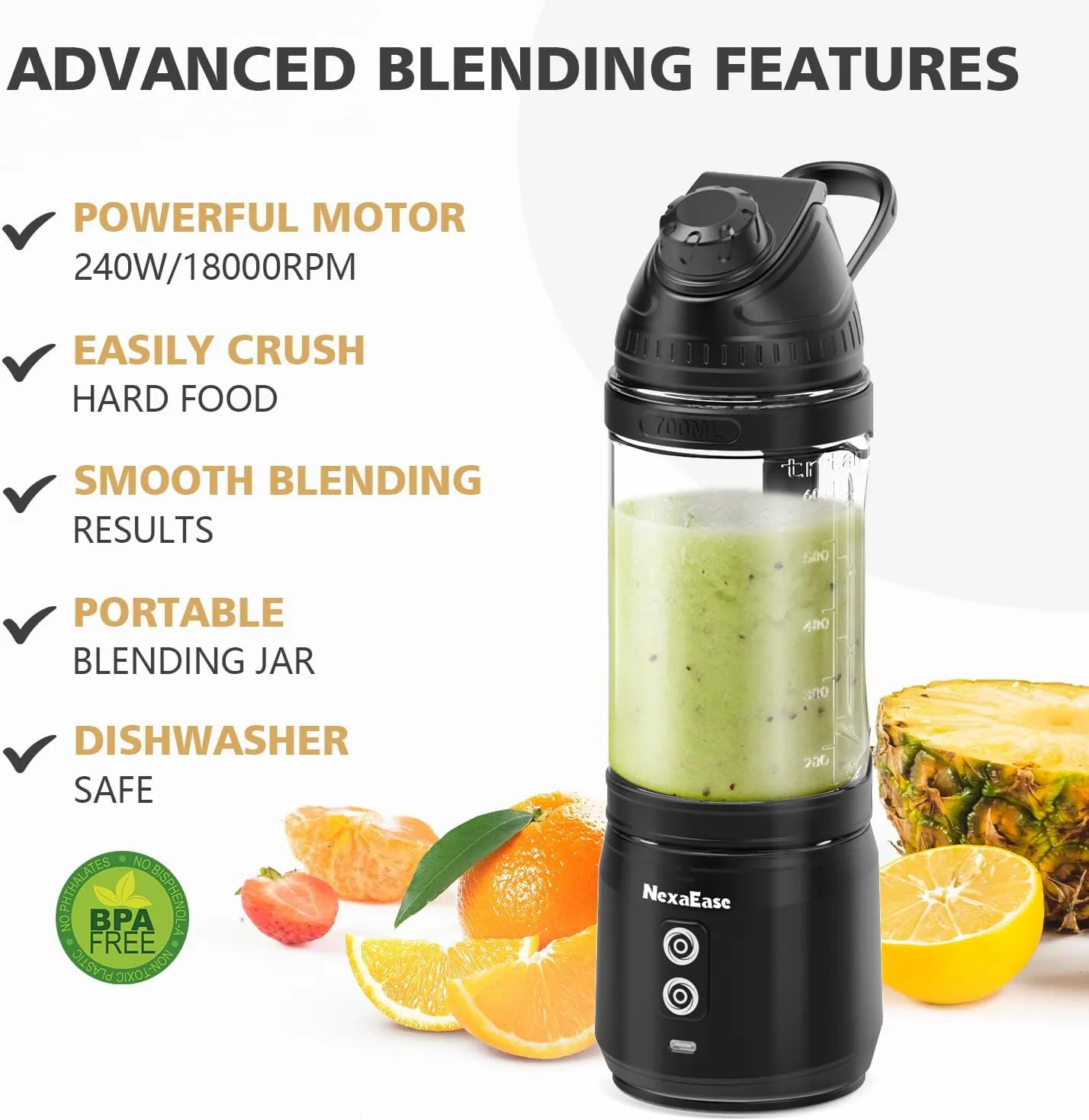 Portable Blender with Insulated Carrying Case & Recipe Book for Shakes and Smoothies, 24 OZ Personal Juicer Electric Protein Shaker Bottle, Mini Small Blender Cup with USB-C Rechargeable, Travel Lid
