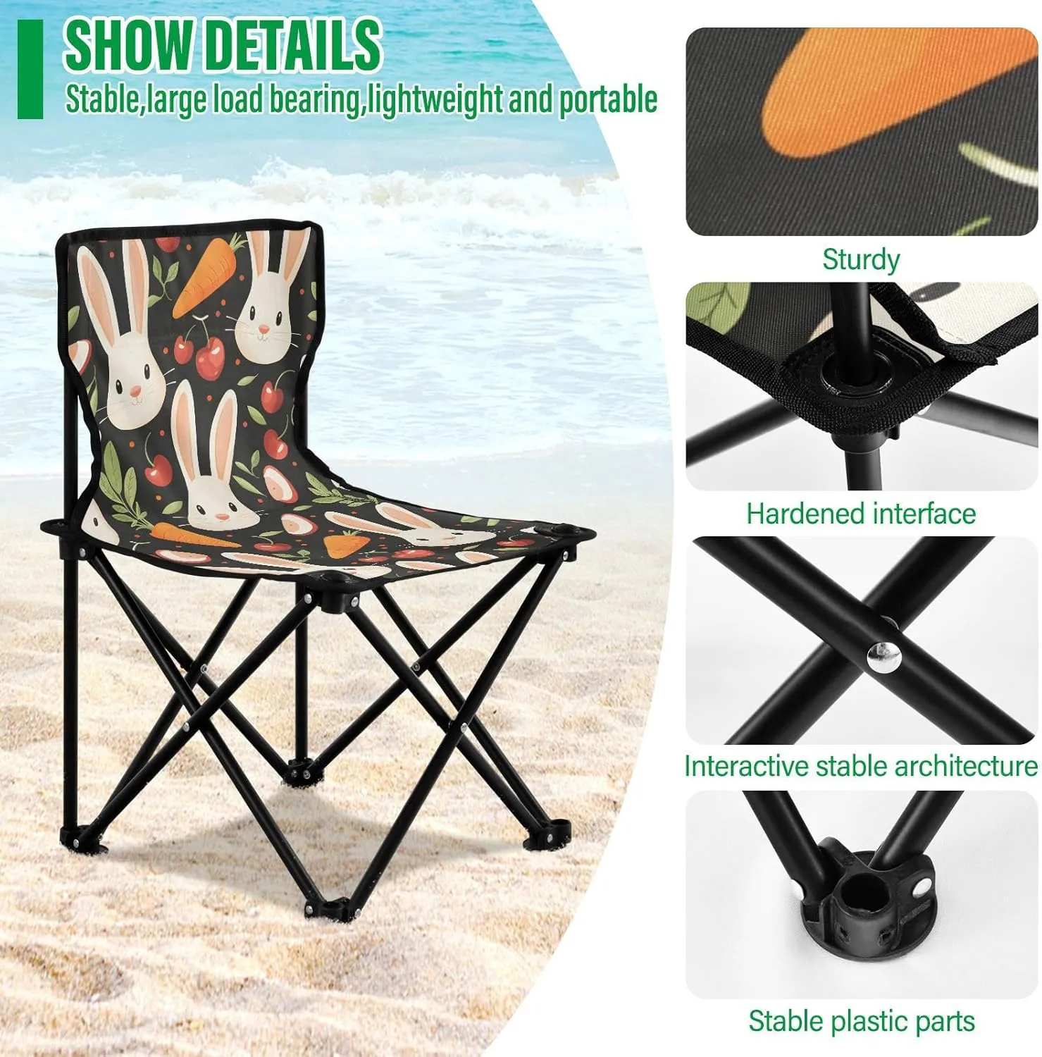 Portable Folding Camping Chair with Carrying Bag Carrots Cherries and Rabbit Lightweight Folding Chair Perfect for Camping, Tailgates, Beach, and Sports