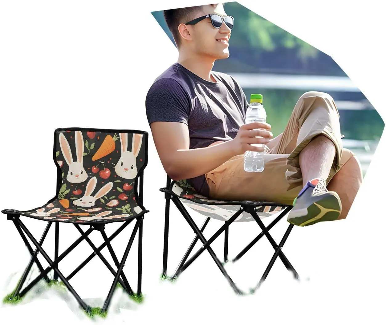 Portable Folding Camping Chair with Carrying Bag Carrots Cherries and Rabbit Lightweight Folding Chair Perfect for Camping, Tailgates, Beach, and Sports