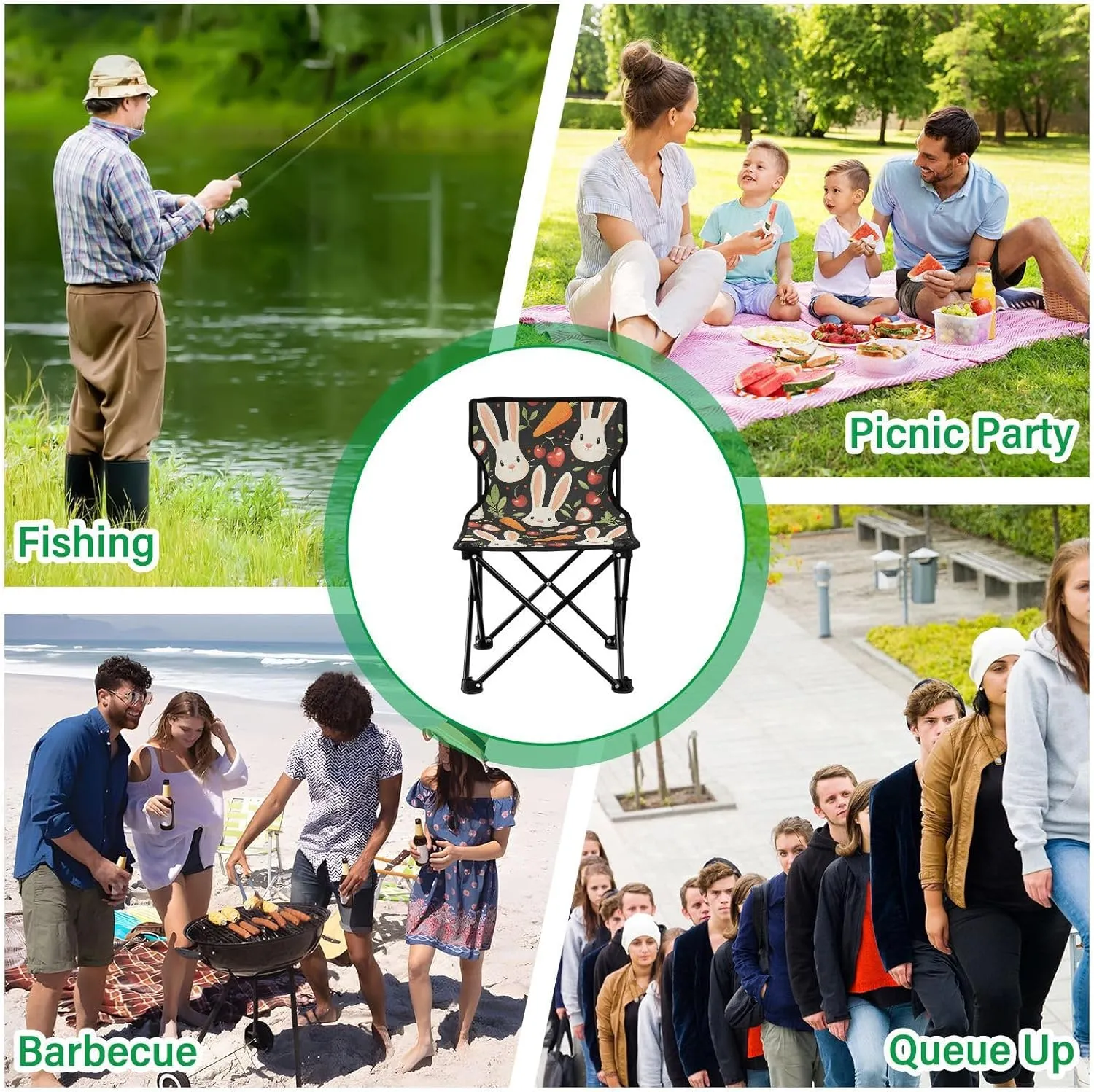 Portable Folding Camping Chair with Carrying Bag Carrots Cherries and Rabbit Lightweight Folding Chair Perfect for Camping, Tailgates, Beach, and Sports